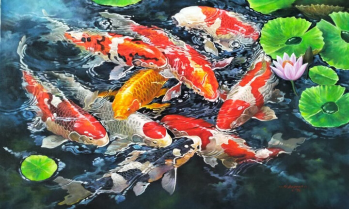 Schilderij getiteld "Harmony of Koi #2" door Namnjani, Origineel Kunstwerk, Olie