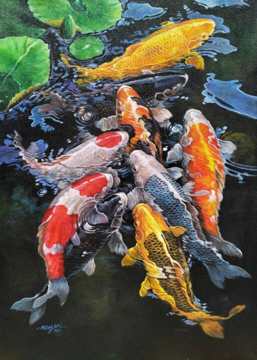 Schilderij getiteld "Harmony of Koi #4" door Namnjani, Origineel Kunstwerk, Olie