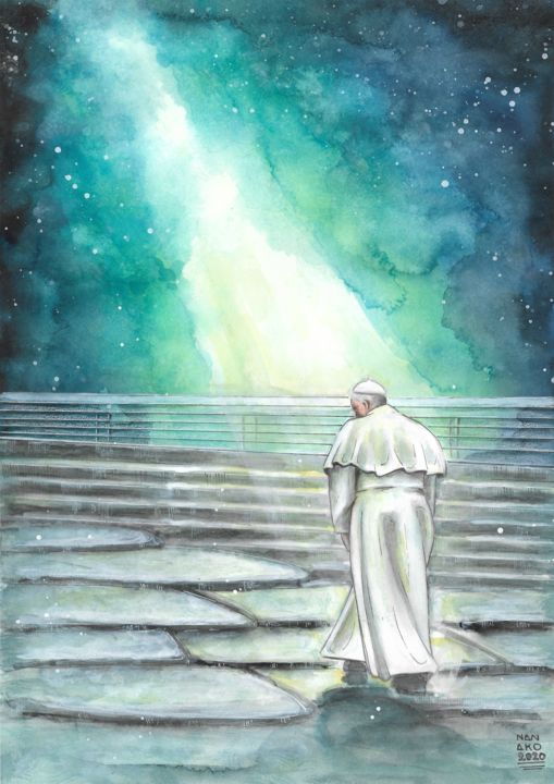 Pittura intitolato "Papa Francesco e il…" da Anna Barone (Nanako), Opera d'arte originale, Acquarello
