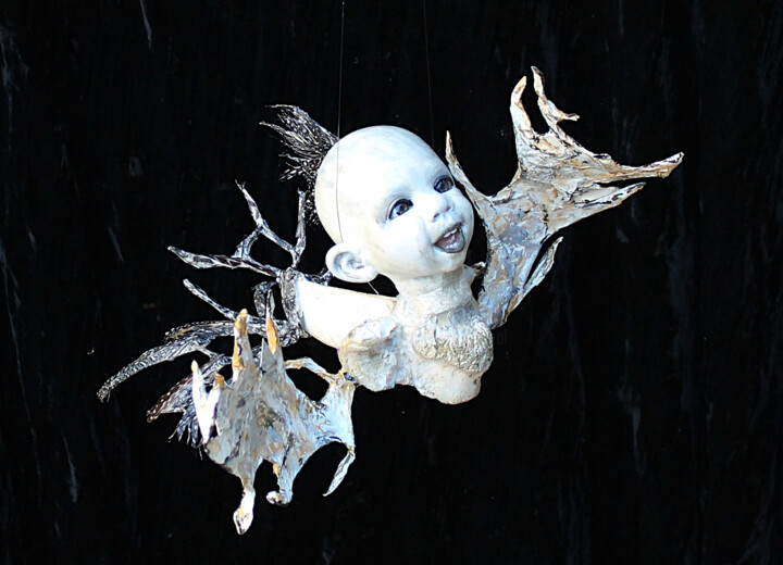 Sculpture intitulée "L'oiseau punk libre…" par Nancy Cardinal, Œuvre d'art originale, Papier mâché