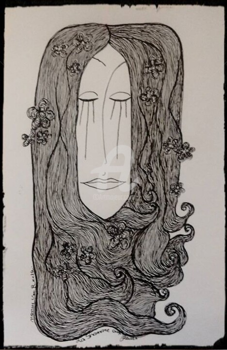 Dessin intitulée "shamane aux fleurs" par Nancy Van Reeth, Œuvre d'art originale