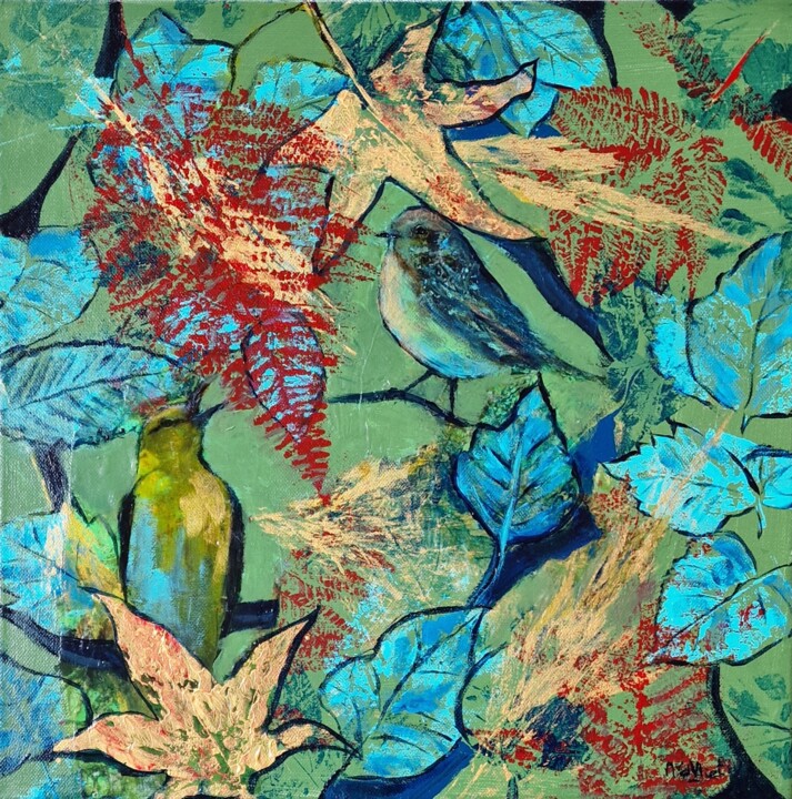 Peinture intitulée "Golden Leaves 1" par Nanda Van Der Vliet, Œuvre d'art originale, Acrylique