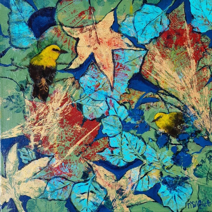 Painting titled "Golden Leaves 2" by Nanda Van Der Vliet, Original Artwork, Acrylic