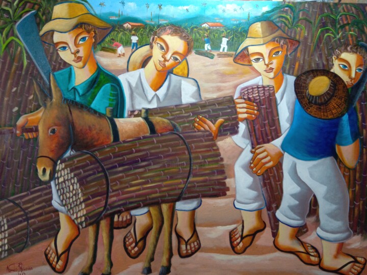 Pintura intitulada "Colheita de cana de…" por Nando Ribeiro, Obras de arte originais, Óleo