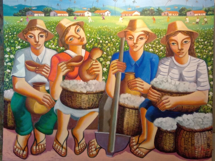 Pintura intitulada "Colheita de algodão" por Nando Ribeiro, Obras de arte originais, Óleo
