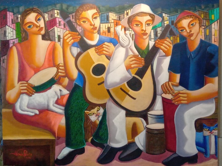 Pintura intitulada "Músicos samba Brasil" por Nando Ribeiro, Obras de arte originais, Óleo