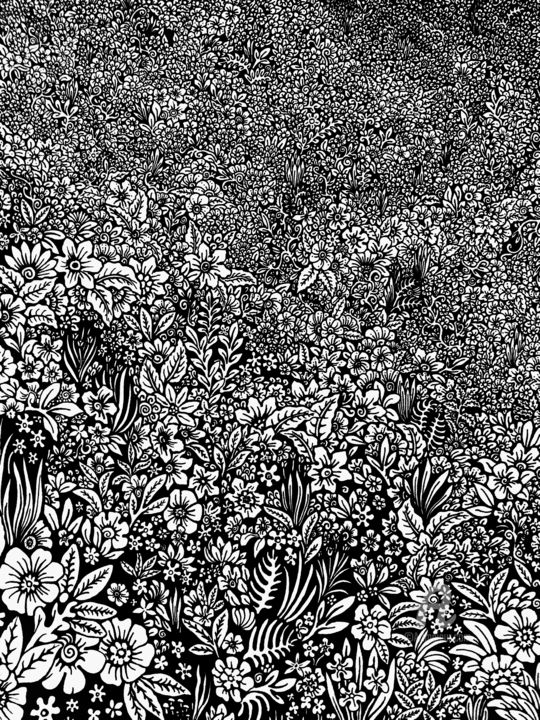 Dibujo titulada "Floral" por Nando Poluakan, Obra de arte original, Bolígrafo