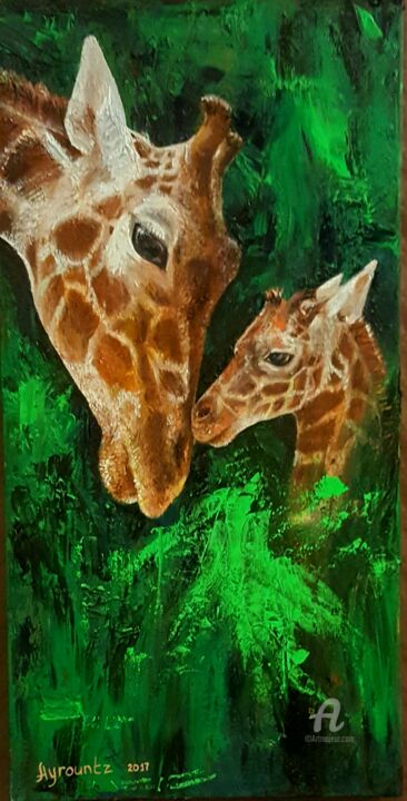 Peinture intitulée "girafe avec bébé" par Nanè Ayrunts, Œuvre d'art originale