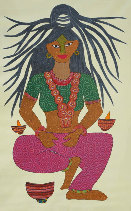 Painting titled "Gond Painting  (DEV…" by Nankusiya Shyam, Original Artwork, Acrylic