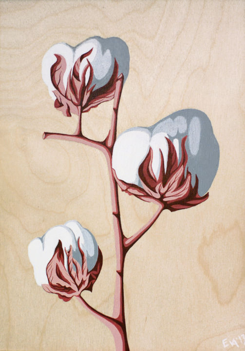 Painting titled "Cotton flowers" by Eva Shu, Original Artwork, Acrylic Mounted on Wood Panel