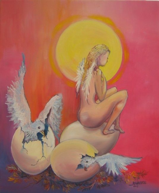 Painting titled "ange des origines" by Nanou, Original Artwork, Oil