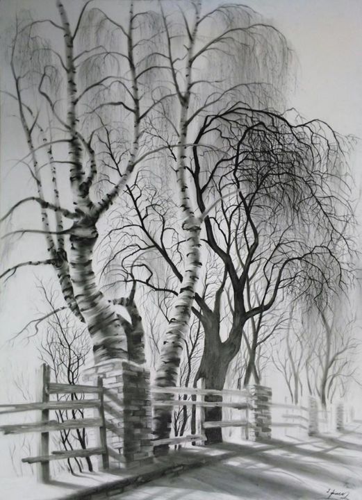 Картина под названием "Birch trees" - Nanuka Barkalaia, Подлинное произведение искусства