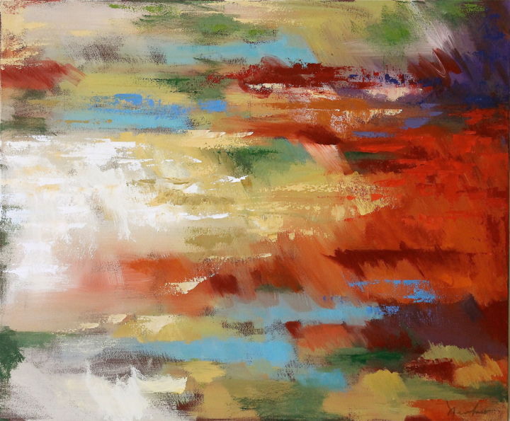 제목이 "Reflection VIII"인 미술작품 Naoko Paluszak로, 원작, 기름 나무 들것 프레임에 장착됨