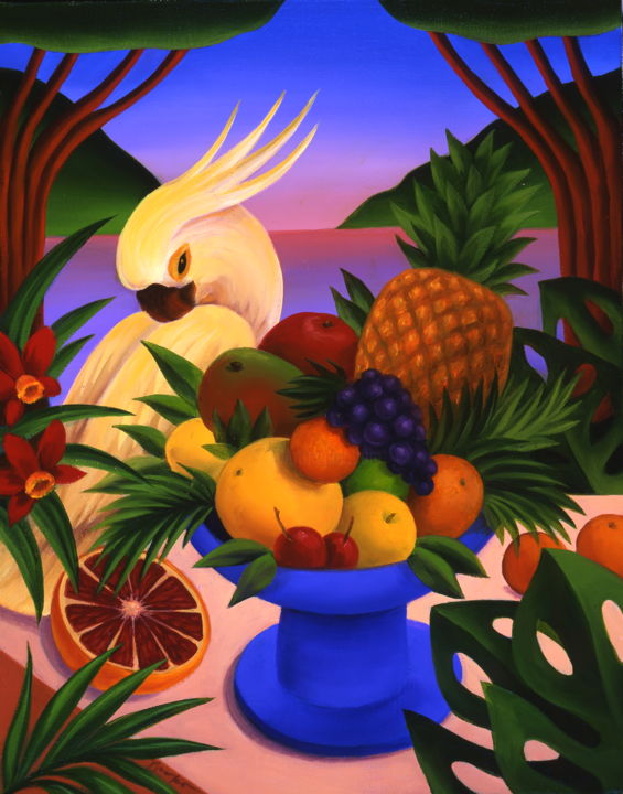 Ζωγραφική με τίτλο "Cockatoo with Fruits" από Naoko Paluszak, Αυθεντικά έργα τέχνης, Λάδι Τοποθετήθηκε στο Ξύλινο φορείο σκε…