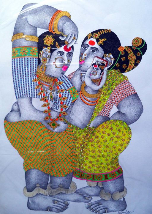 Dessin intitulée "gossip-1.jpg" par Narahari Bhawandla, Œuvre d'art originale, Encre
