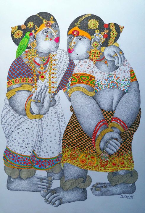 图画 标题为“gossip-3.jpg” 由Narahari Bhawandla, 原创艺术品, 墨