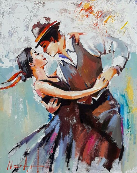 Painting titled "Dance of love-2 (40…" by Narek Jaghacpanyan, Original Artwork, Oil Mounted on Wood Stretcher frame