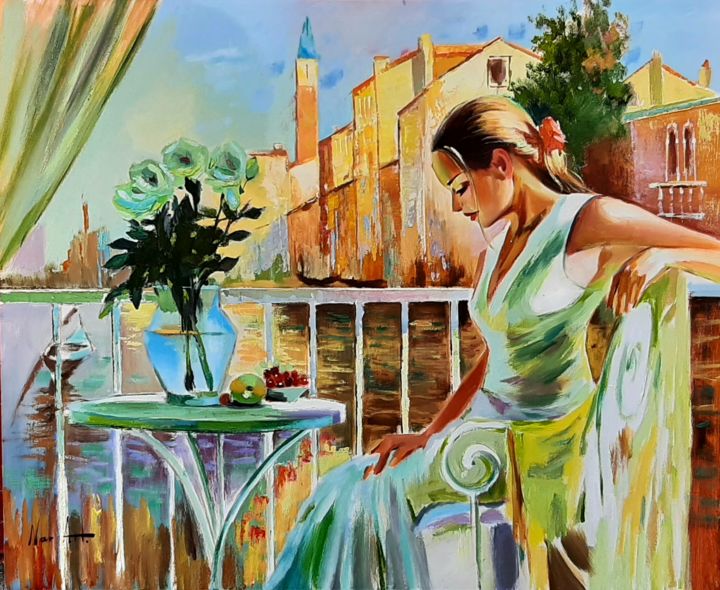 Картина под названием "Waiting (70x85cm, o…" - Narek Jaghacpanyan, Подлинное произведение искусства, Масло Установлен на Под…