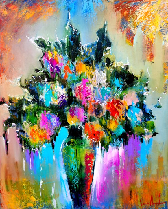 Painting titled "Colorful flowers (5…" by Narek Jaghacpanyan, Original Artwork, Oil Mounted on Wood Stretcher frame