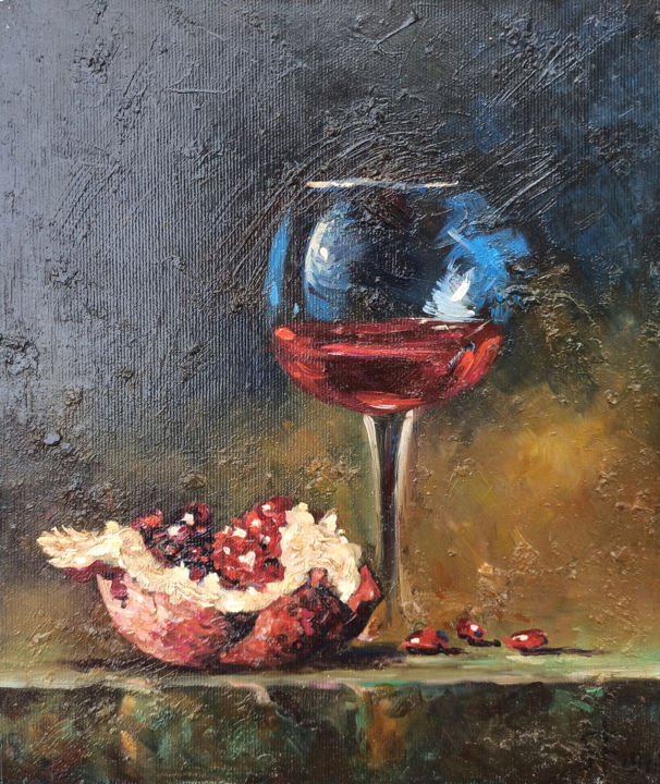 Painting titled "Pomegranate wine (2…" by Narek, Original Artwork, Oil Mounted on Wood Stretcher frame