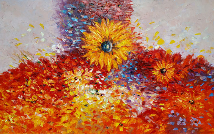 Painting titled "Field of flowers (1…" by Narek, Original Artwork, Oil Mounted on Wood Stretcher frame