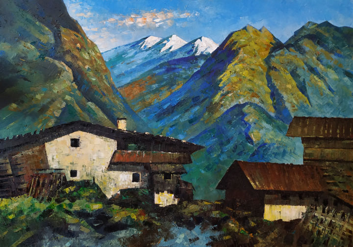 Painting titled "Mountains (100x70cm…" by Narek, Original Artwork, Oil Mounted on Wood Stretcher frame
