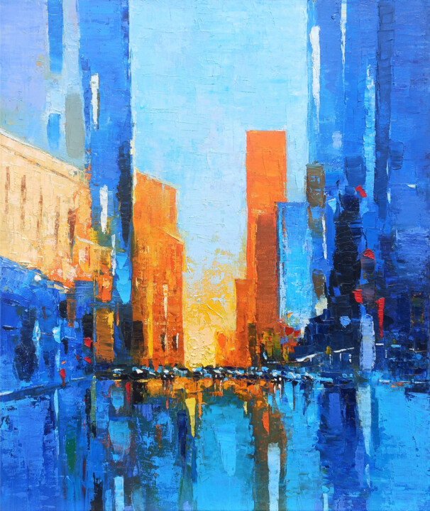 Painting titled "Sunset Over Skyscra…" by Narek, Original Artwork, Oil Mounted on Wood Stretcher frame