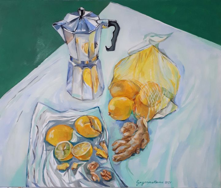 Painting titled "Still-life in Green" by Narine Grigoryan, Original Artwork, Oil