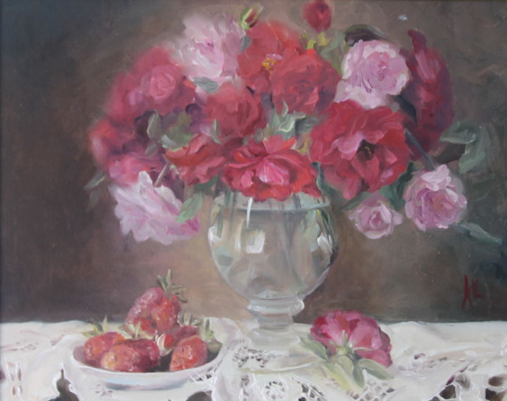 Картина под названием "Roses and strowberry" - Anastasia Kolesnikova, Подлинное произведение искусства, Масло