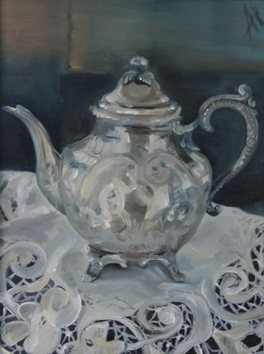 Painting titled "Teapot on the table…" by Anastasia Kolesnikova, Original Artwork, Oil