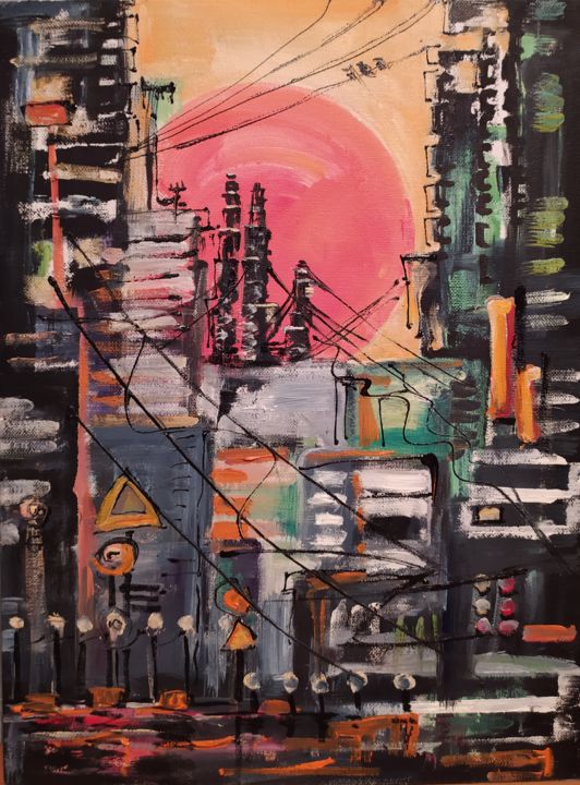 Painting titled "Город" by Nana, Original Art, Oil