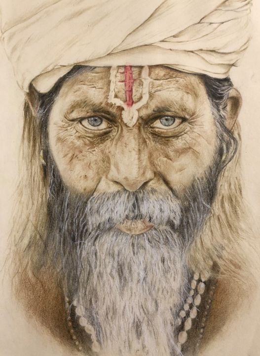 Drawing titled "Old indian man" by Anastasia Khalivo, Original Artwork, Conté