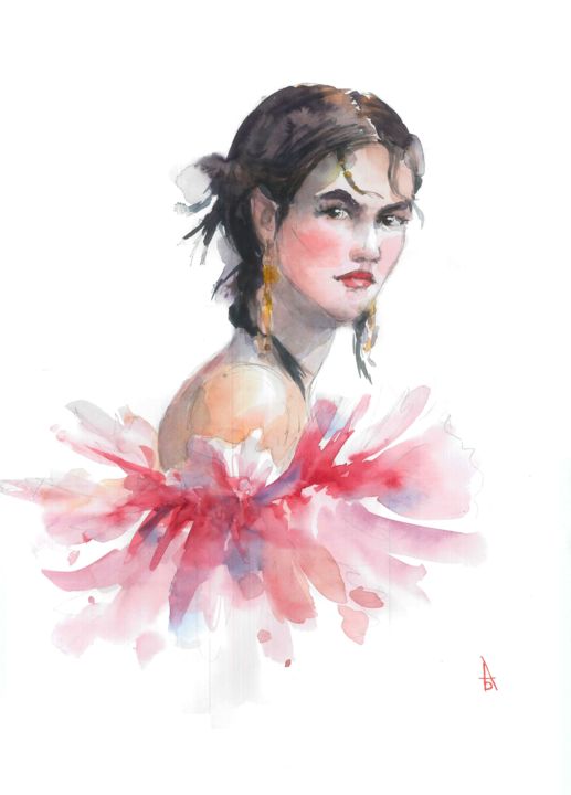 Painting titled "Girl in Pink" by Nastia Manga, Original Artwork, Watercolor