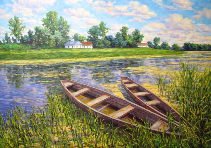 Painting titled "Летний пейзаж 5" by Nata Go, Original Artwork, Oil Mounted on Wood Stretcher frame