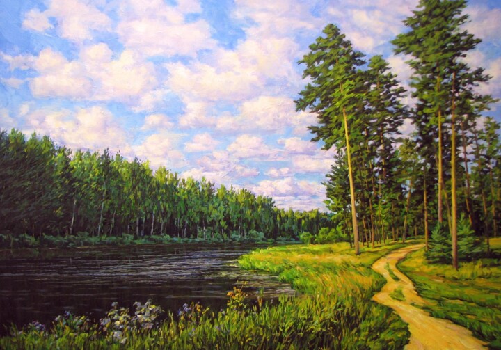 Painting titled "Летний пейзаж7" by Nata Go, Original Artwork, Oil Mounted on Wood Stretcher frame