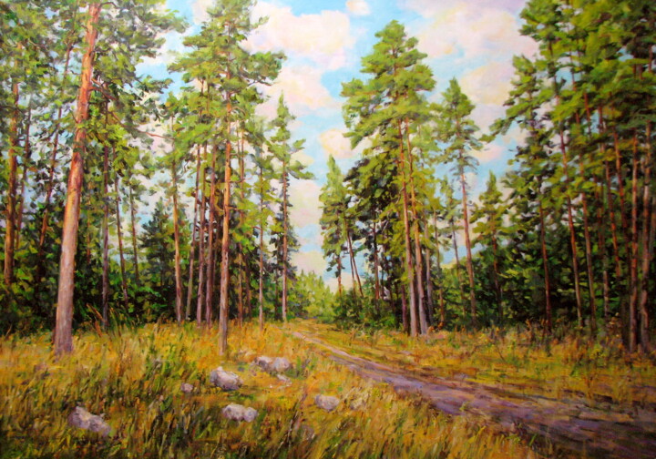 Painting titled "Летний пейзаж23" by Nata Go, Original Artwork, Oil Mounted on Wood Stretcher frame