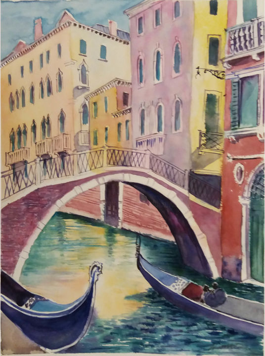 Картина под названием "Венеция. Мост. Кана…" - Наталья Каволина, Подлинное произведение искусства, Акварель