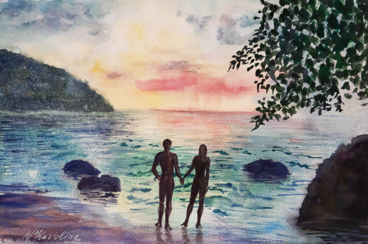 Painting titled "Two by the ocean. S…" by Natalia Kavolina, Original Artwork, Watercolor