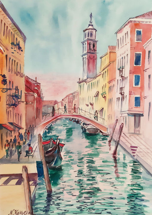 Painting titled "Venice, canal, hous…" by Natalia Kavolina, Original Artwork, Watercolor