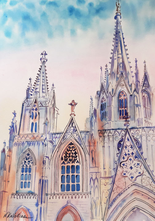 Painting titled "Barcelona Cathedral…" by Natalia Kavolina, Original Artwork, Watercolor