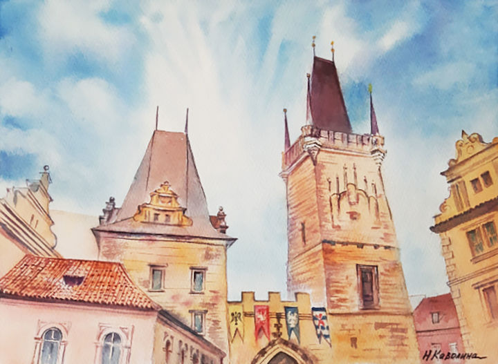 Painting titled "Prague. Towers of t…" by Natalia Kavolina, Original Artwork, Watercolor