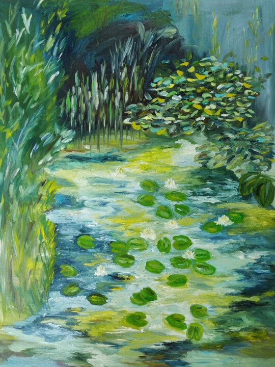 Painting titled "Summer pond" by Nata Kharit, Original Artwork, Oil