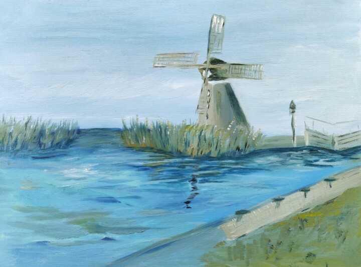 Schilderij getiteld "Mill on the river" door Nata Kharit, Origineel Kunstwerk, Olie