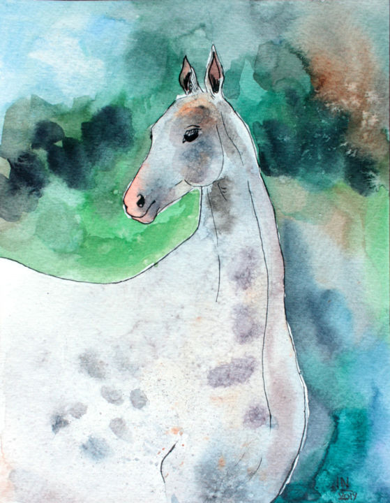 Painting titled "Horse" by Natasha Ledeneva, Original Artwork, Watercolor