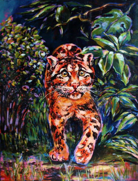 Painting titled "Cheetah Wild big cat" by Natasha Ledeneva, Original Artwork, Oil Mounted on Wood Stretcher frame