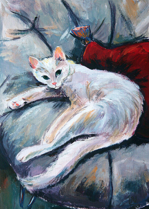 Painting titled "White cat Original…" by Natasha Ledeneva, Original Artwork, Tempera