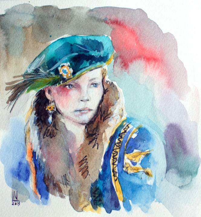 Dessin intitulée "girl watercolor por…" par Natasha Ledeneva, Œuvre d'art originale, Aquarelle