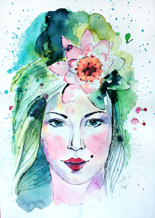 Dessin intitulée "Water lily Woman wi…" par Natasha Ledeneva, Œuvre d'art originale, Aquarelle