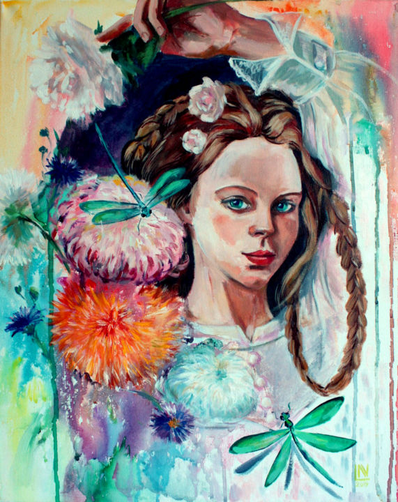 Painting titled "Beautiful girl flow…" by Natasha Ledeneva, Original Artwork, Oil Mounted on Wood Stretcher frame