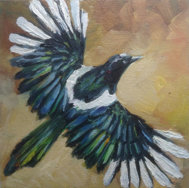 Painting titled "Magpie" by Nata New, Original Artwork, Oil